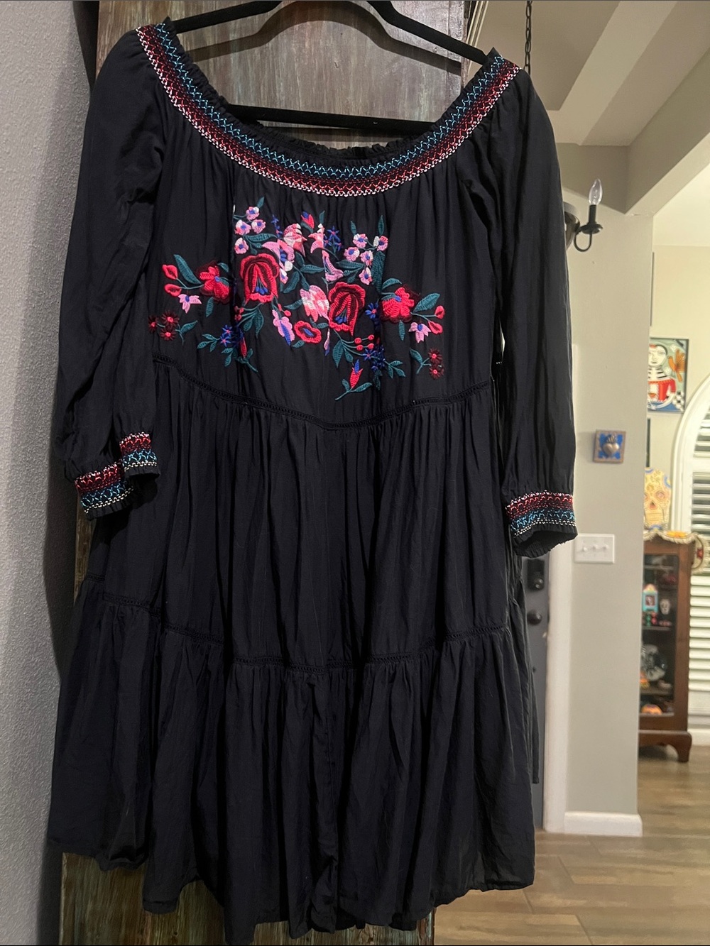Free People Black off shoulder Dress with Embroidery